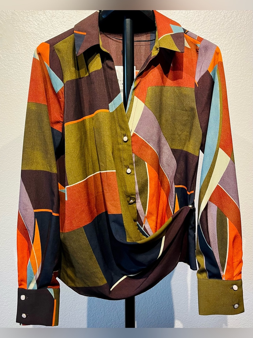 Zara Olive, Rust, Violet, Blue & Navy Geometric Draped Blouse - Size M (Women’s)